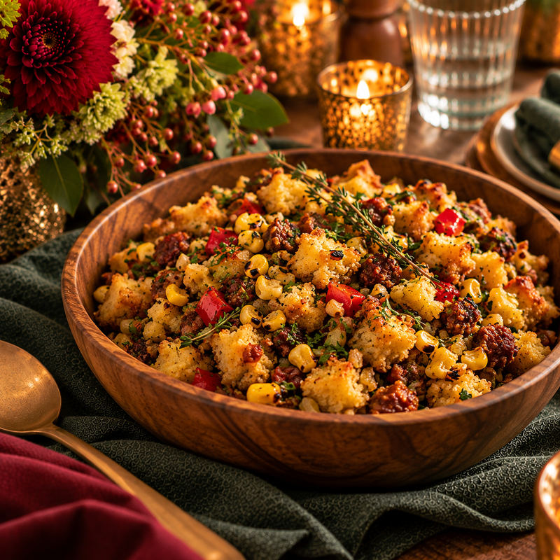 Cornbread & Chorizo Stuffing with Charred Corn, Roasted Peppers & Fresh Herbs (Serves 8-10 Adults)