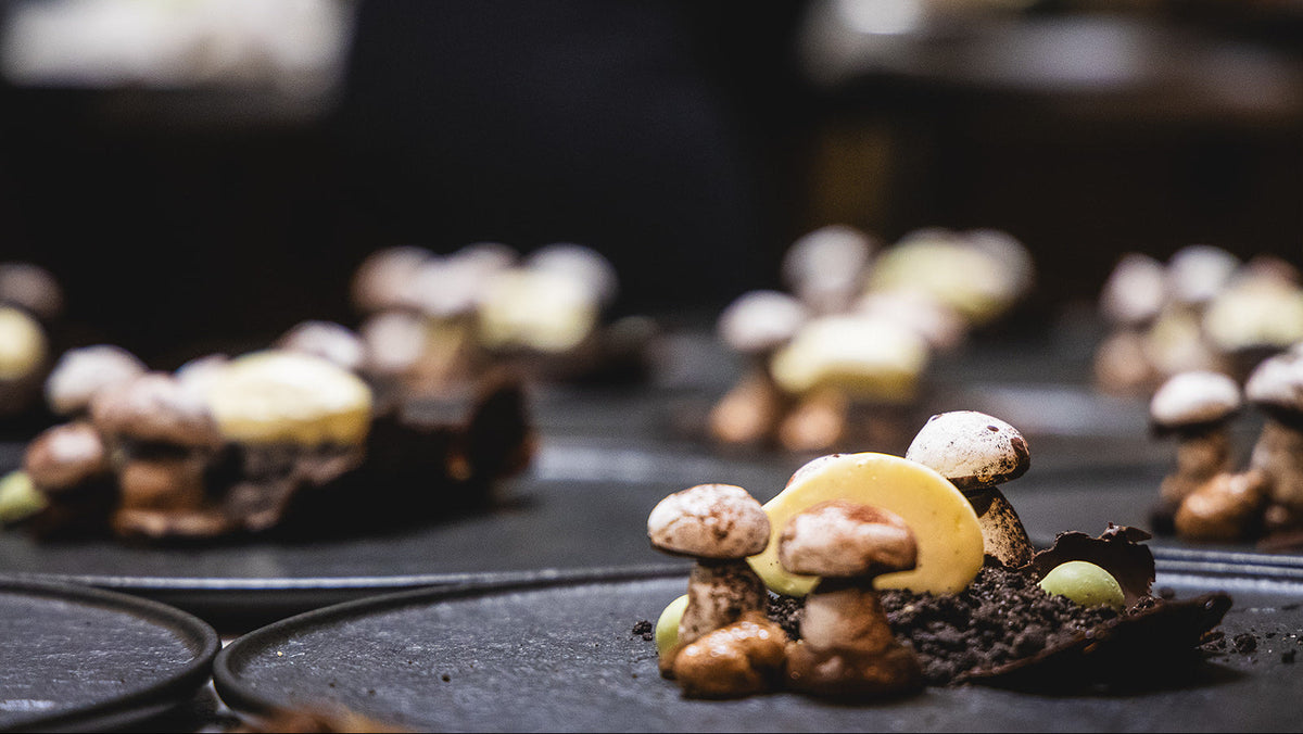 A close-up, shallow depth-of-field shot of gourmet mushroom appetizers arranged on a dark slate platter. The small mushroom caps are dusted with white powder, some rest on dark soil, and one is topped with a yellow slice, set against a blurred dark background.