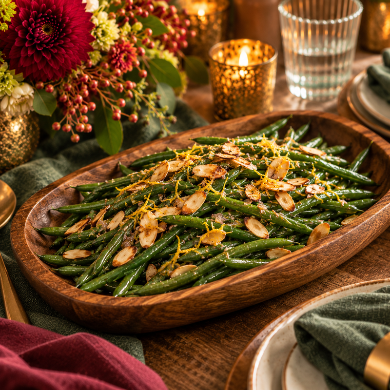 French Green Beans with Toasted Almonds, Citrus Zest & Shallot Butter (Serves 6-8 Adults)