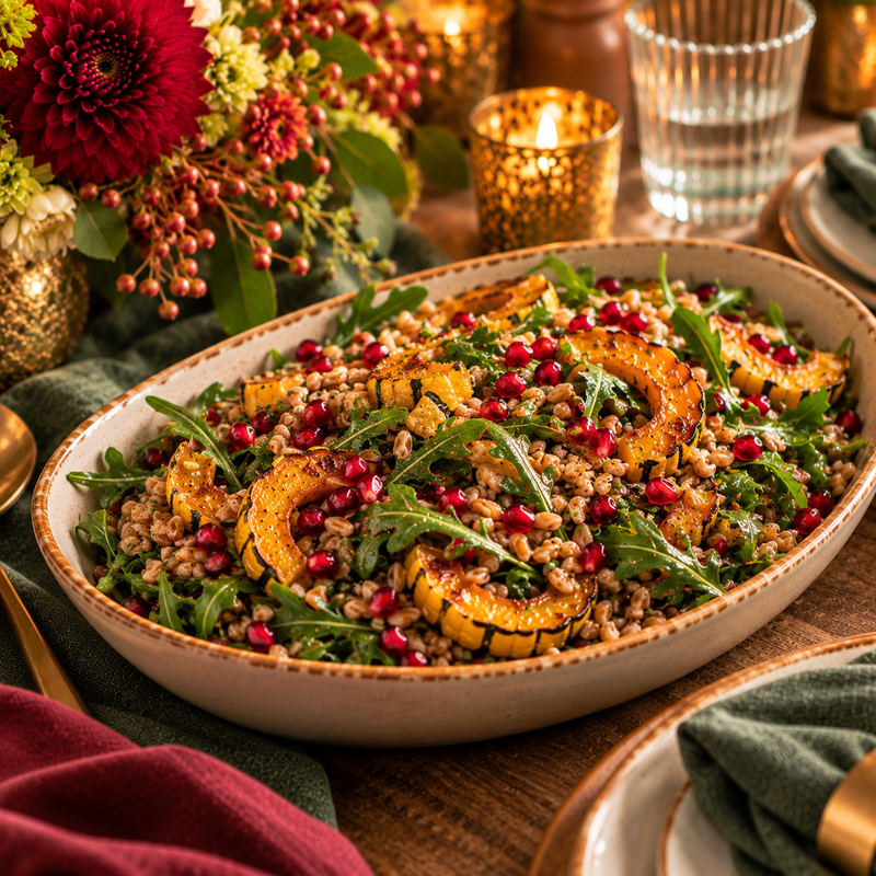 Herbed Farro Salad with Roasted Delicata Squash, Arugula & Pomegranate Seeds (Serves 6-8 Adults)