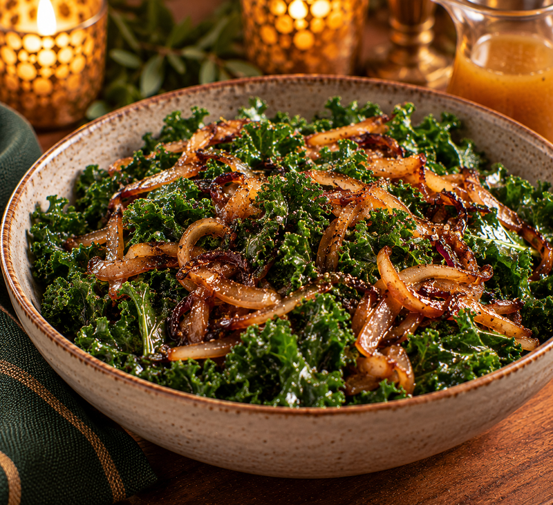 Kale & Caramelized Onion Salad with Warm Apple Cider Vinaigrette (Serves 6-8 Adults)