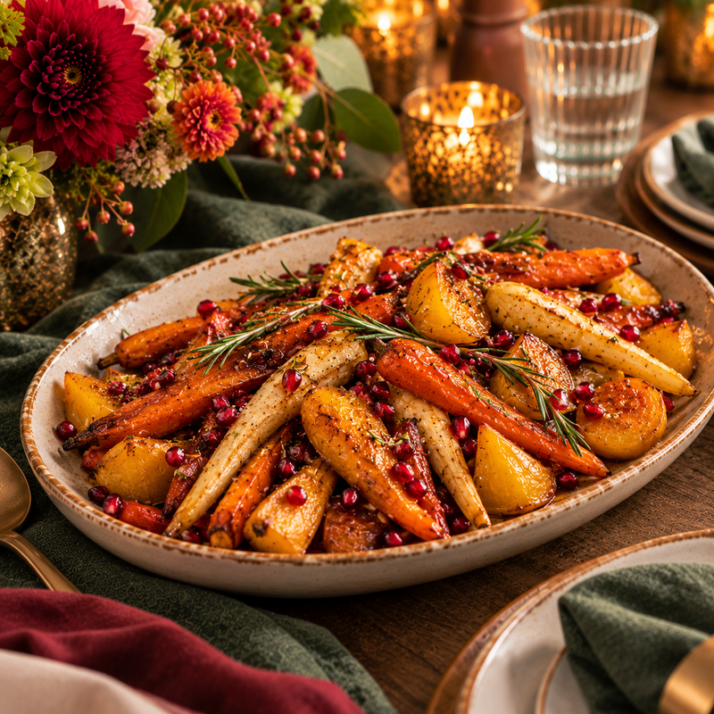 Roasted Root Vegetables with Pomegranate, Rosemary & Orange Honey Glaze (Serves 6-8 Adults)