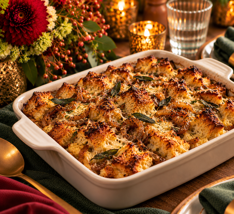 Savory Bread Pudding with Caramelized Onions, Sage & Gruyère (Serves 8-10 Adults)