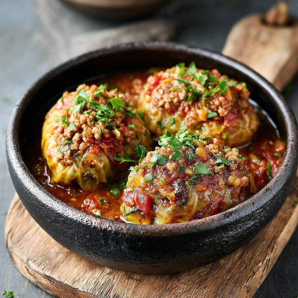 Beef-Stuffed Cabbage Rolls with Smoky Tomato Broth